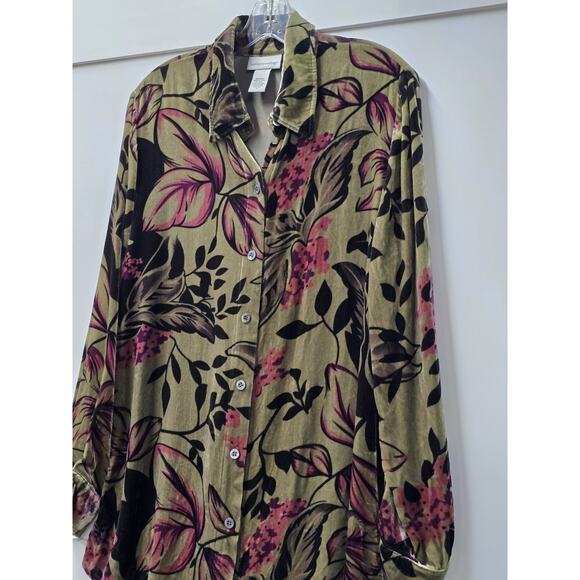 Soft Surroundings Velvet Green & Pink Floral Button Down Shirt-Sz M Glam-Mature - Picture 3 of 6